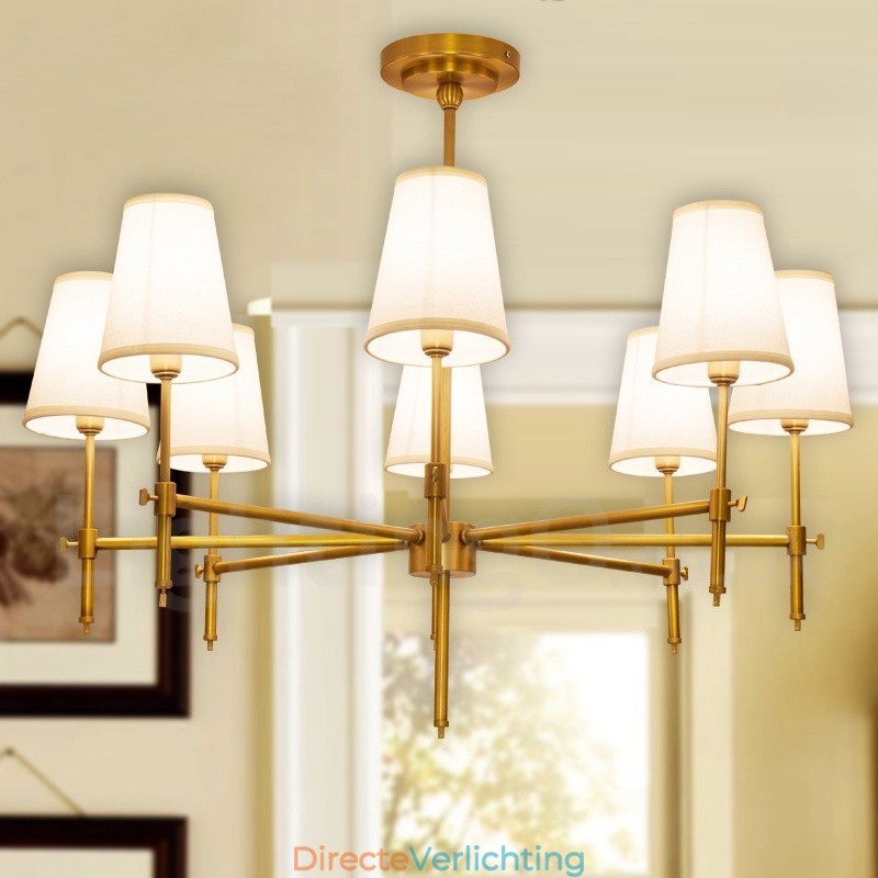 8-lichts retro rustieke luxe messing hanglamp kroonluchter met stoffen kap