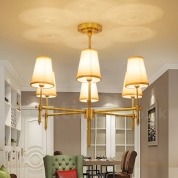 6-lichts retro rustieke luxe messing hanglamp kroonluchter met stoffen kap