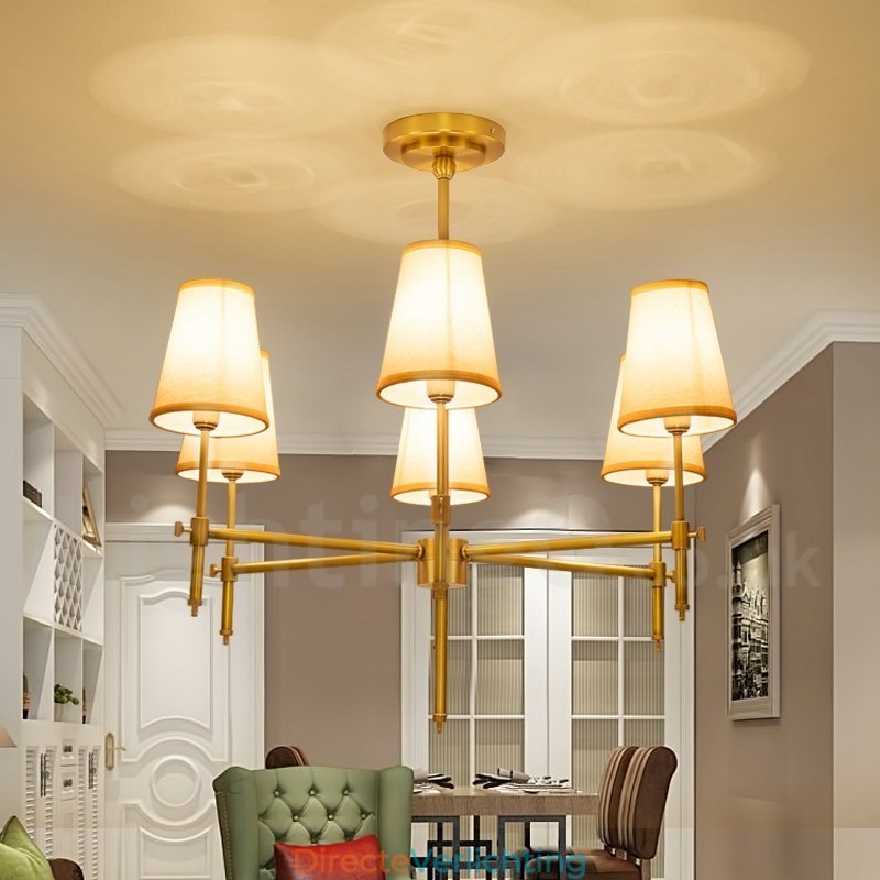 6-lichts retro rustieke luxe messing hanglamp kroonluchter met stoffen kap