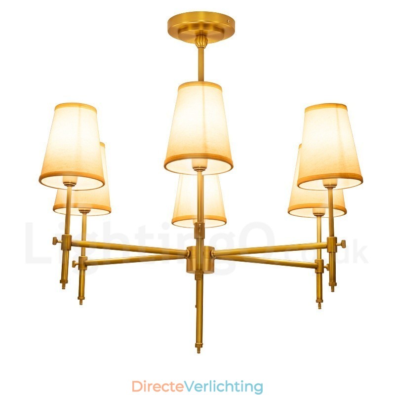 6-lichts retro rustieke luxe messing hanglamp kroonluchter met stoffen kap