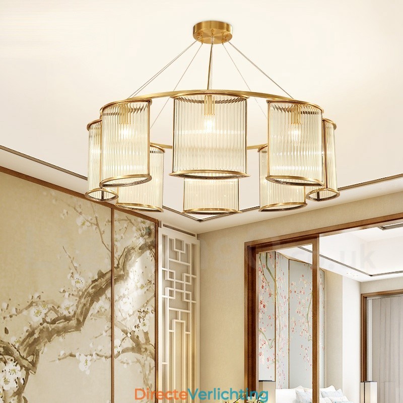 8-lichts retro rustieke luxe messing hanglamp kroonluchter met glazen kap