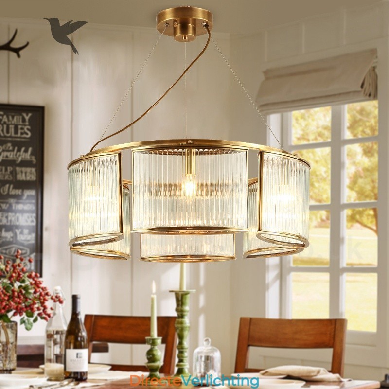 6-lichts retro rustieke luxe messing hanglamp kroonluchter met glazen kap