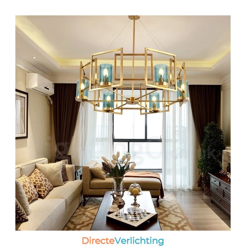 6-lichts retro rustieke luxe messing hanglamp kroonluchter met glazen kap
