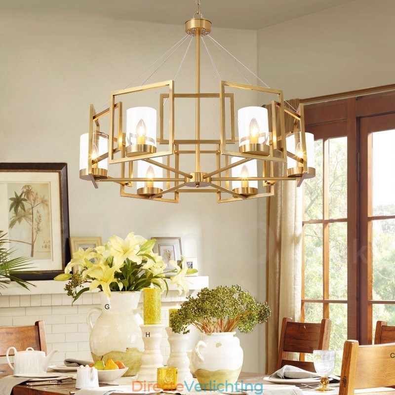 6-lichts retro rustieke luxe messing hanglamp kroonluchter met glazen kap