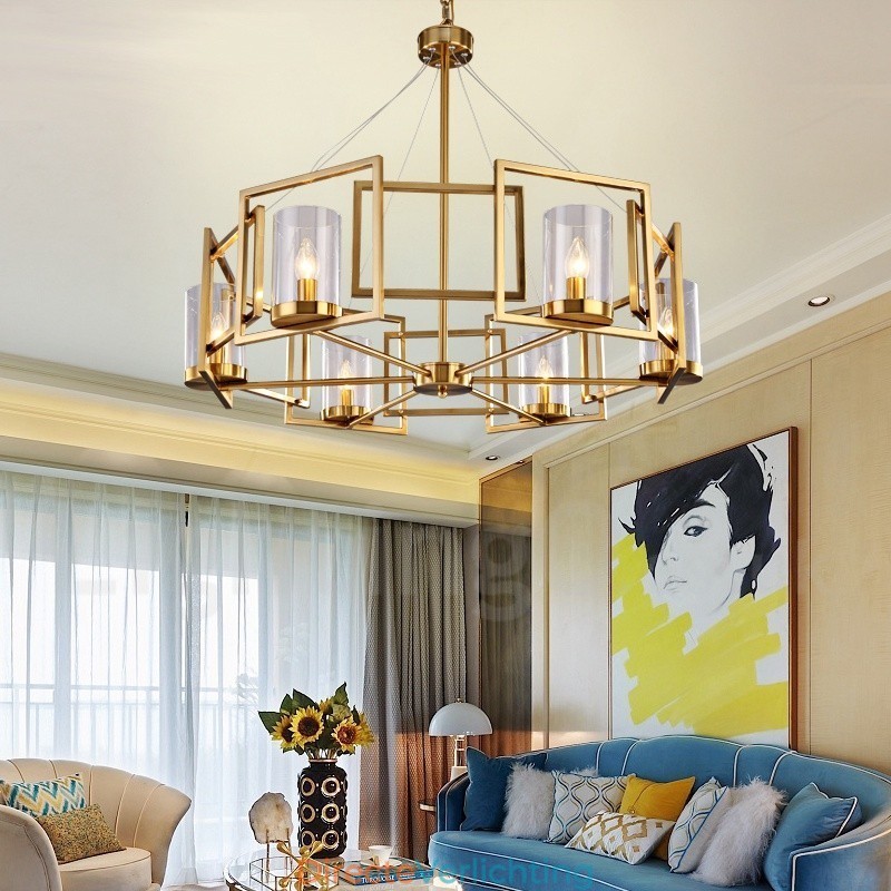 6-lichts retro rustieke luxe messing hanglamp kroonluchter met glazen kap