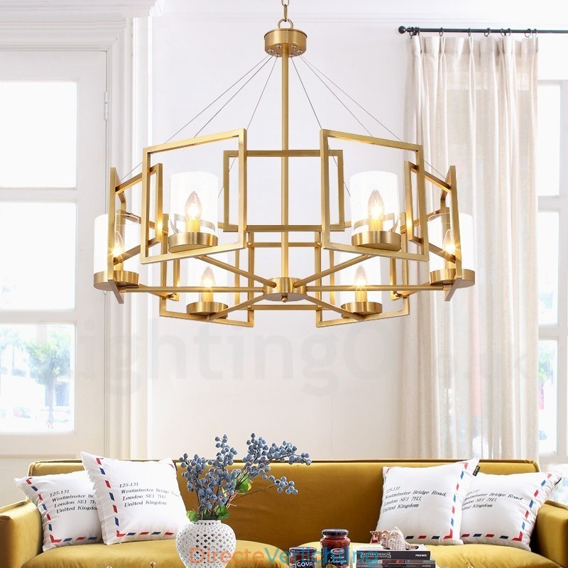 6-lichts retro rustieke luxe messing hanglamp kroonluchter met glazen kap