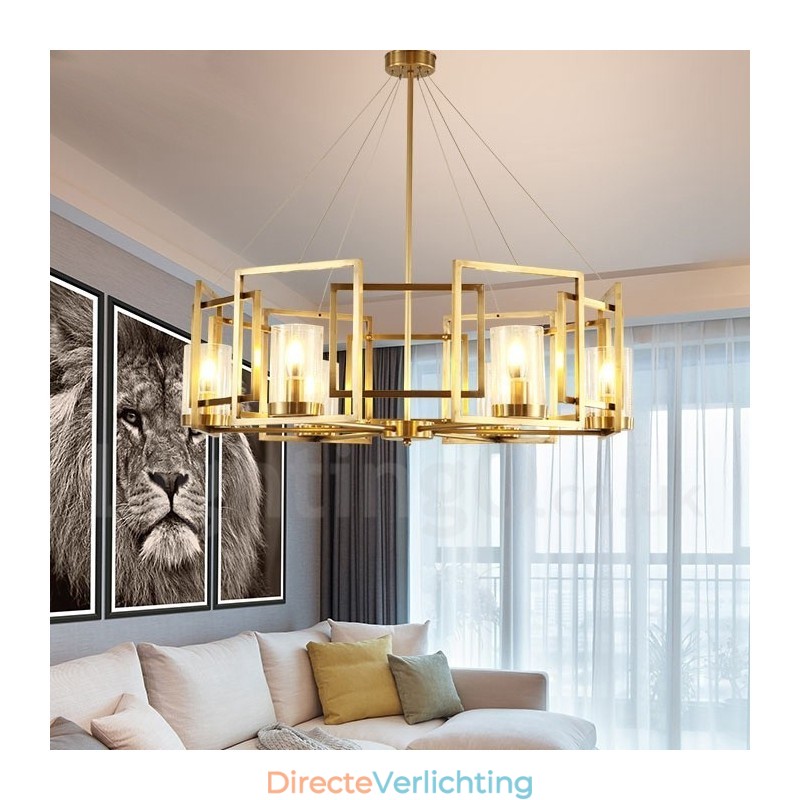 6-lichts retro rustieke luxe messing hanglamp kroonluchter met glazen kap