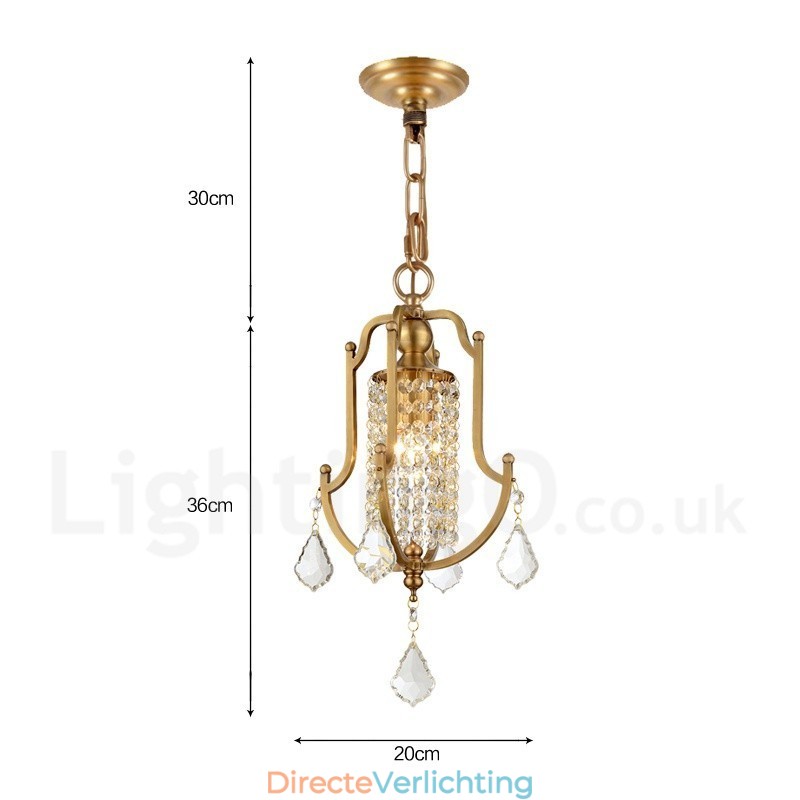 1-lichts retro rustieke luxe messing hanglamp kroonluchter met kristallen kap