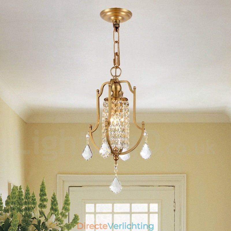1-lichts retro rustieke luxe messing hanglamp kroonluchter met kristallen kap