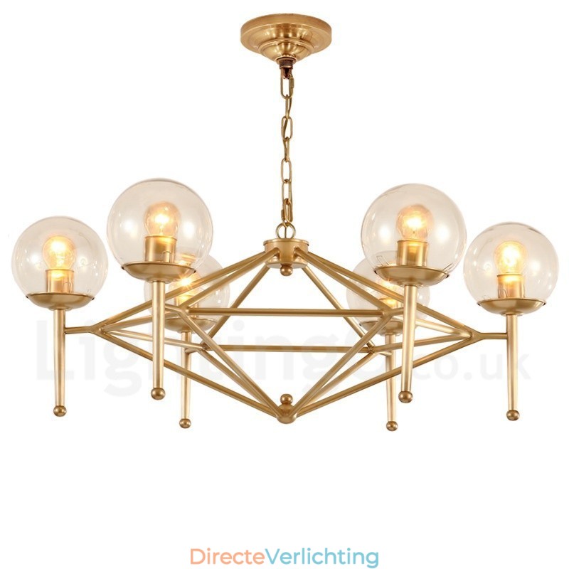 6-lichts retro rustieke luxe messing hanglamp kroonluchter met glazen kap