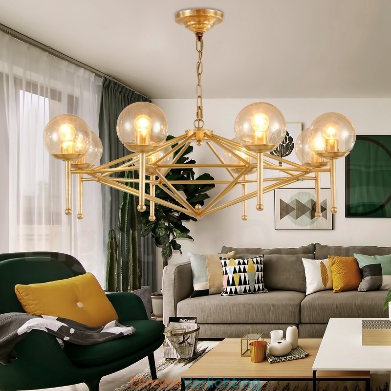 6-lichts retro rustieke luxe messing hanglamp kroonluchter met glazen kap