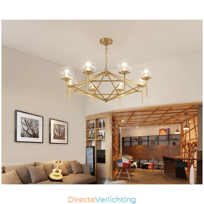 6-lichts retro rustieke luxe messing hanglamp kroonluchter met glazen kap