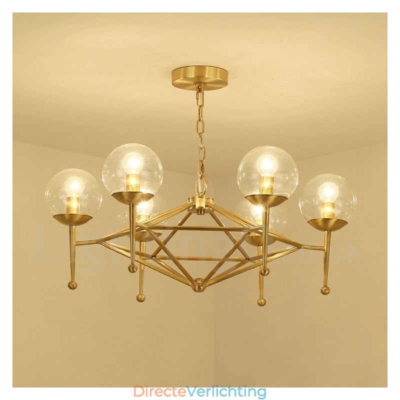6-lichts retro rustieke luxe messing hanglamp kroonluchter met glazen kap