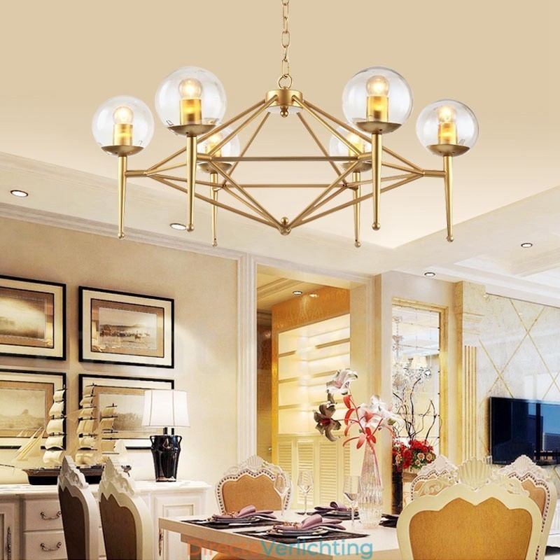 6-lichts retro rustieke luxe messing hanglamp kroonluchter met glazen kap