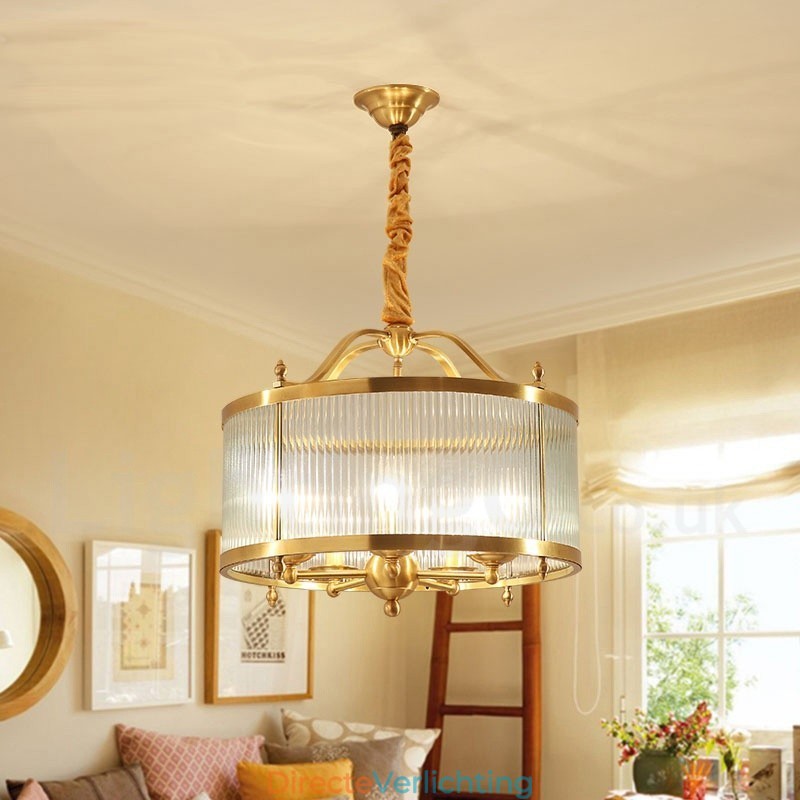 5-lichts retro rustieke luxe messing hanglamp kroonluchter met glazen kap