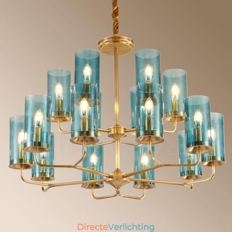 16-lichts retro rustieke luxe messing hanglamp kroonluchter met glazen kap