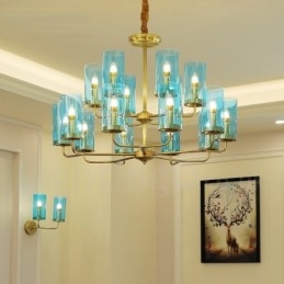 16-lichts retro rustieke luxe messing hanglamp kroonluchter met glazen kap
