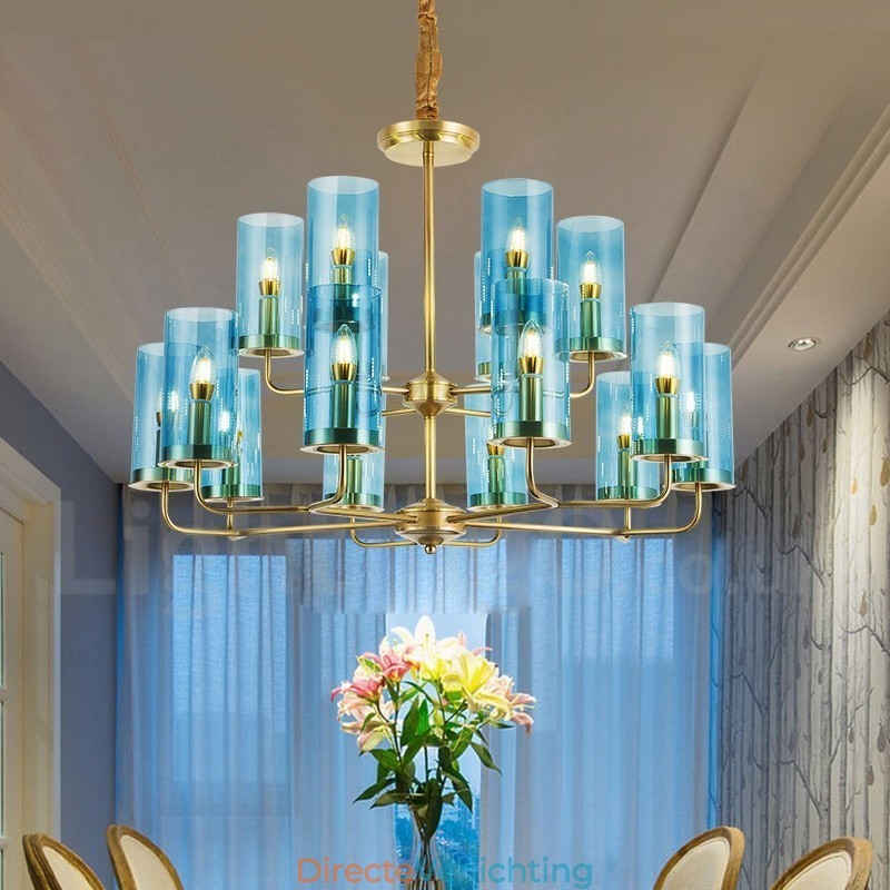 16-lichts retro rustieke luxe messing hanglamp kroonluchter met glazen kap