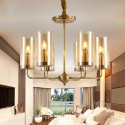6-lichts retro rustieke luxe messing hanglamp kroonluchter met glazen kap
