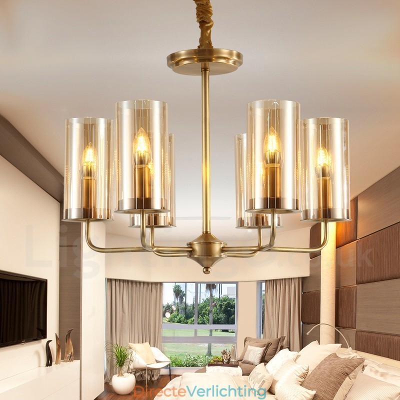 6-lichts retro rustieke luxe messing hanglamp kroonluchter met glazen kap