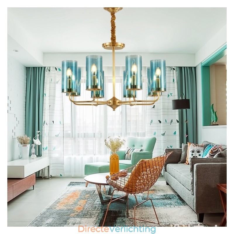 8-lichts retro rustieke luxe messing hanglamp kroonluchter met glazen kap