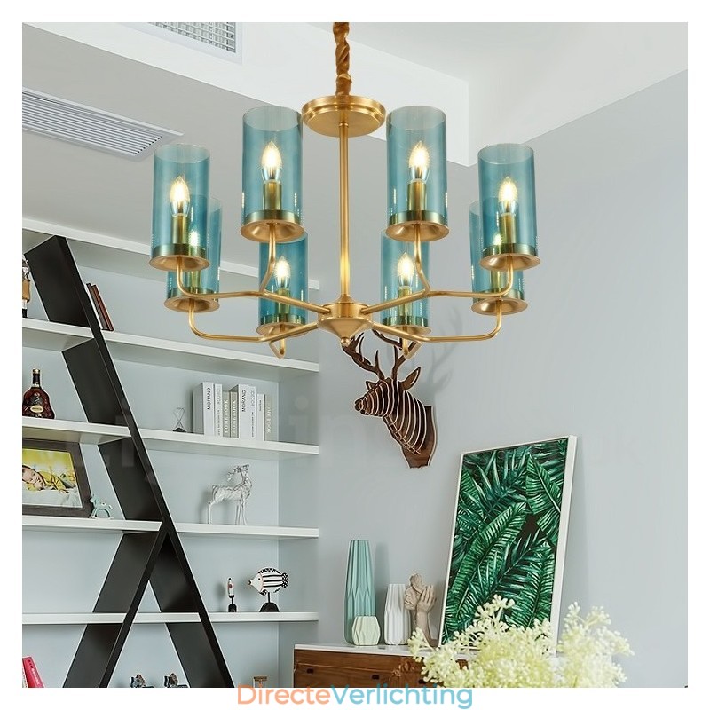 8-lichts retro rustieke luxe messing hanglamp kroonluchter met glazen kap