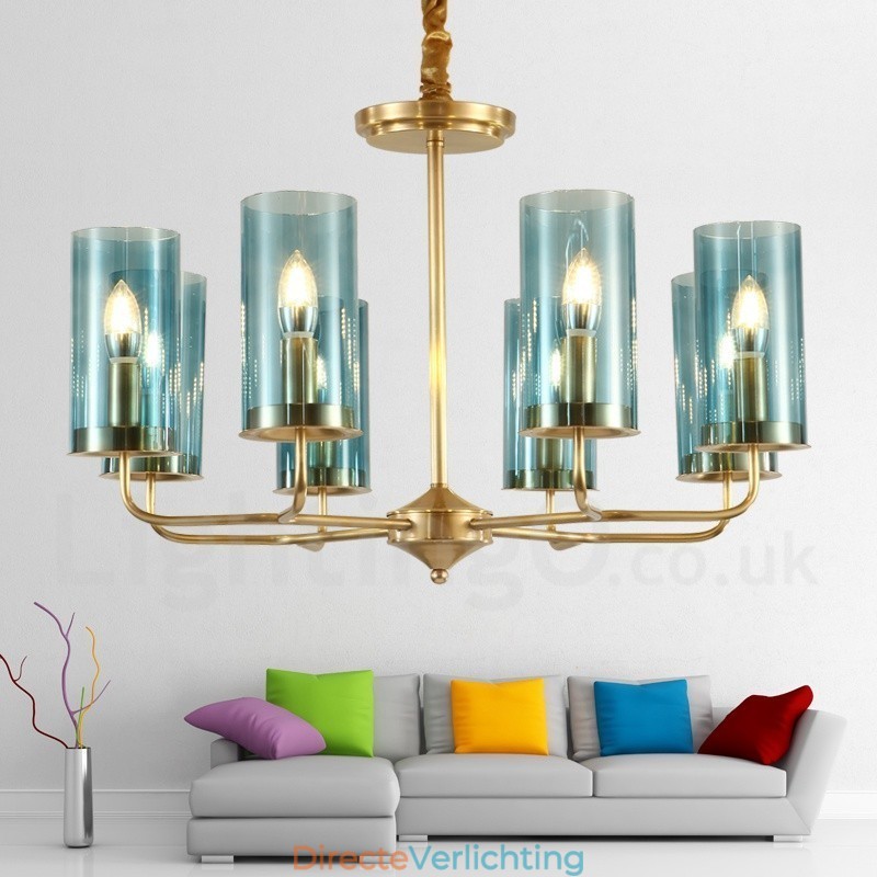 8-lichts retro rustieke luxe messing hanglamp kroonluchter met glazen kap