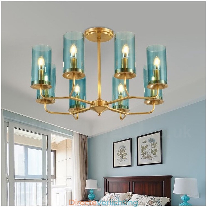 8-lichts retro rustieke luxe messing hanglamp kroonluchter met glazen kap