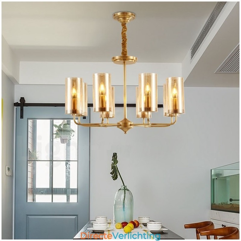 8-lichts retro rustieke luxe messing hanglamp kroonluchter met glazen kap