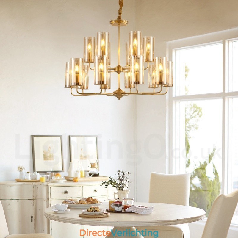 16-lichts retro rustieke luxe messing hanglamp kroonluchter met glazen kap