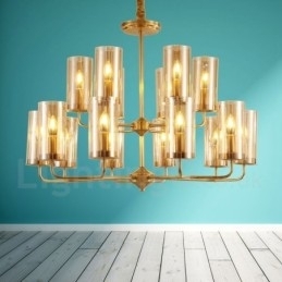 16-lichts retro rustieke luxe messing hanglamp kroonluchter met glazen kap