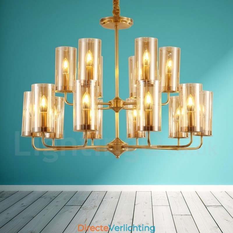 16-lichts retro rustieke luxe messing hanglamp kroonluchter met glazen kap