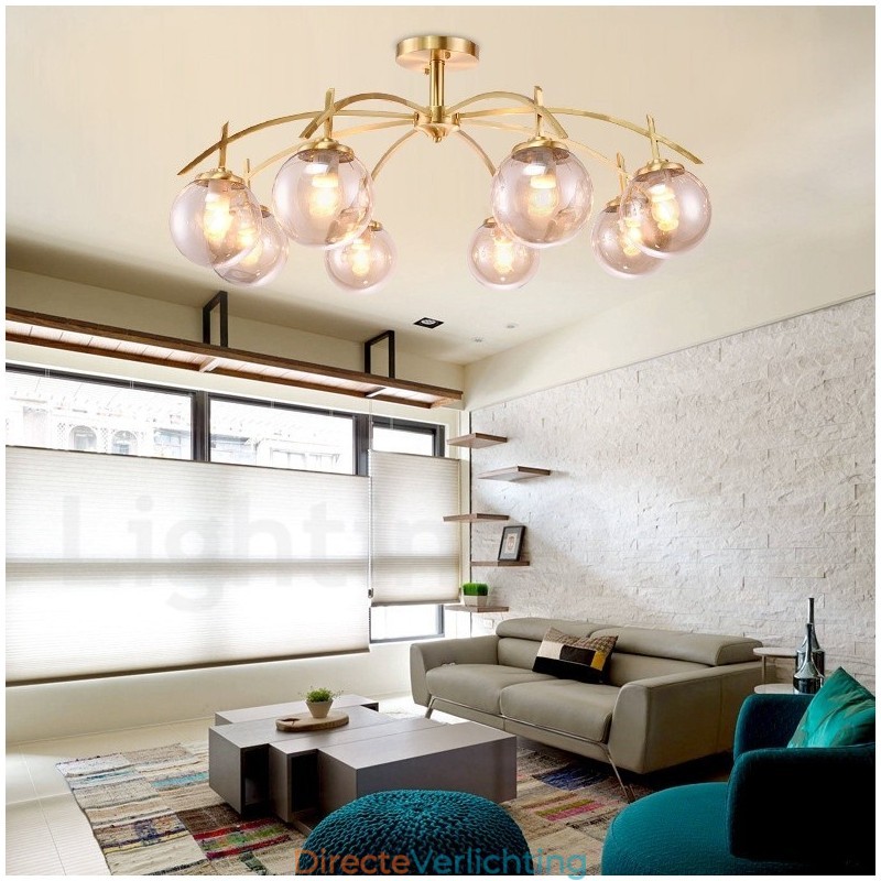 8-lichts retro rustieke luxe messing hanglamp kroonluchter met glazen kap