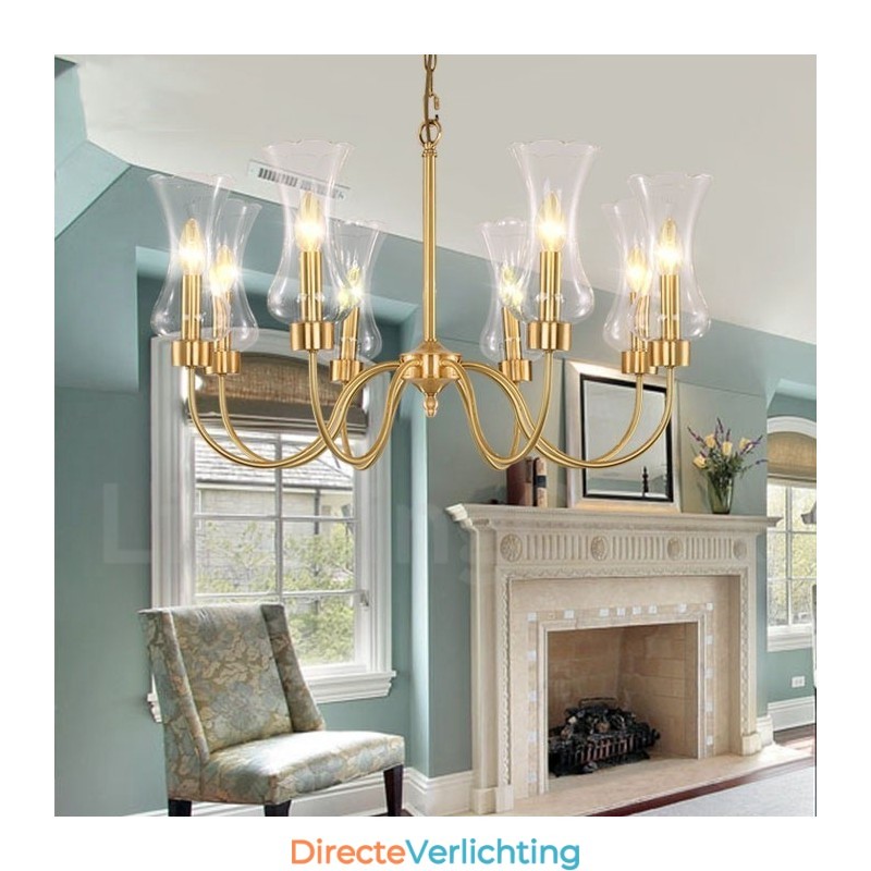 8-lichts retro rustieke luxe messing hanglamp kroonluchter met glazen kap