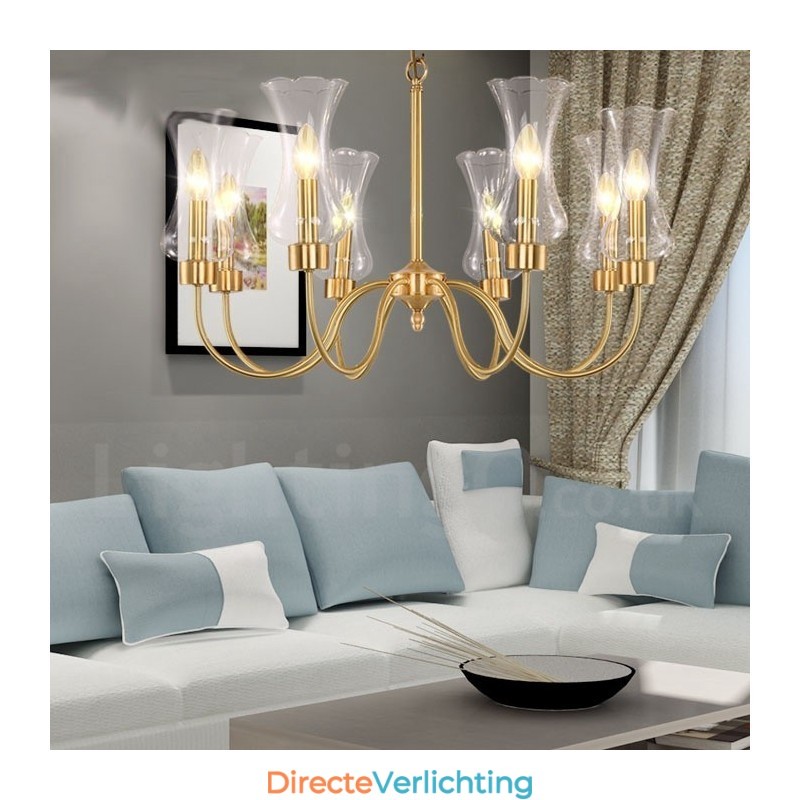 8-lichts retro rustieke luxe messing hanglamp kroonluchter met glazen kap