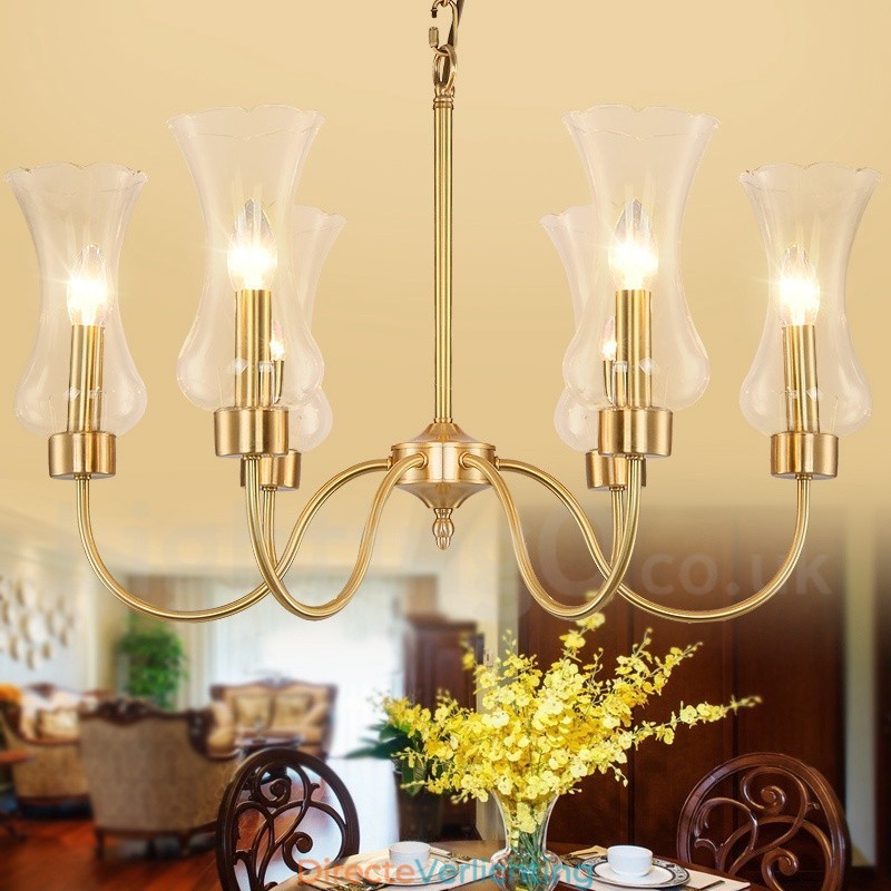 6-lichts retro rustieke luxe messing hanglamp kroonluchter met glazen kap