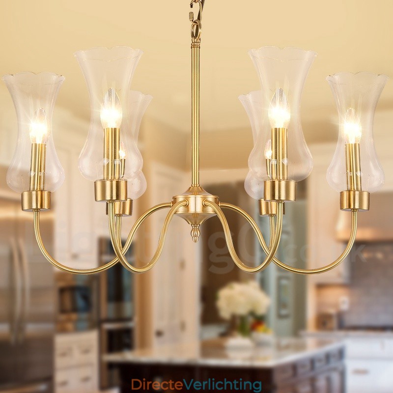 6-lichts retro rustieke luxe messing hanglamp kroonluchter met glazen kap