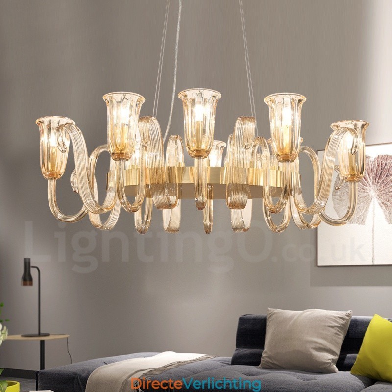 8-lichts retro rustieke luxe aluminiumlegering hanglamp kroonluchter met glazen kap