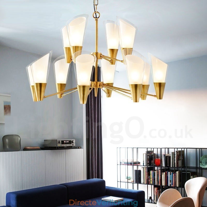 12 Licht Retro Rustieke Luxe Messing Hanglamp Kroonluchter met Glazen Kap