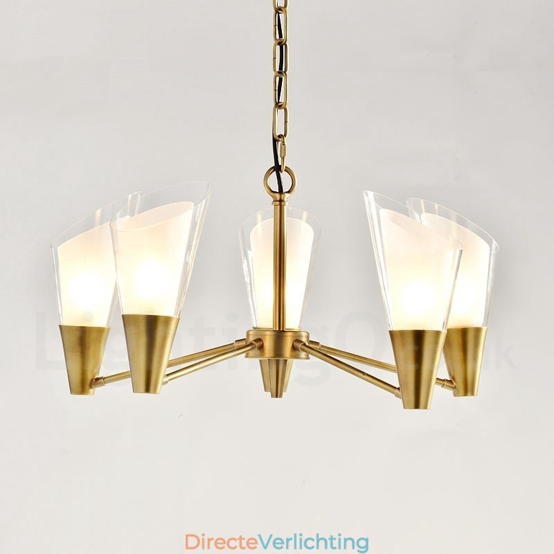 5-lichts retro rustieke luxe messing hanglamp kroonluchter met glazen kap