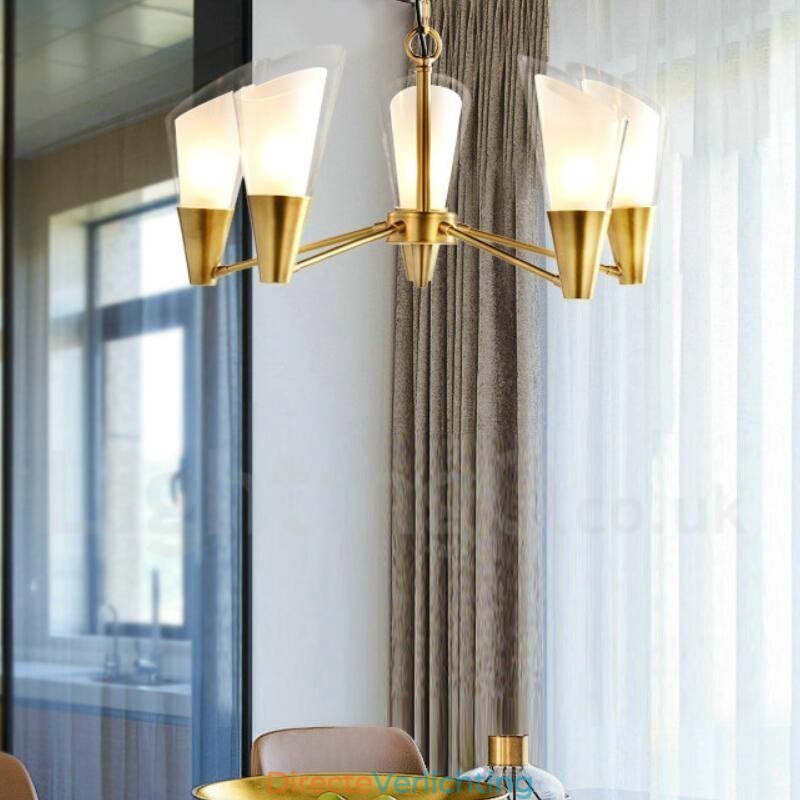5-lichts retro rustieke luxe messing hanglamp kroonluchter met glazen kap