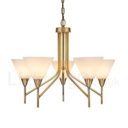 5-lichts retro rustieke luxe messing hanglamp kroonluchter met glazen kap
