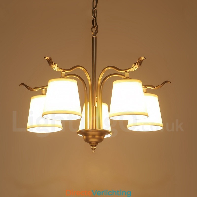 5-lichts retro rustieke luxe messing hanglamp kroonluchter met stoffen kap