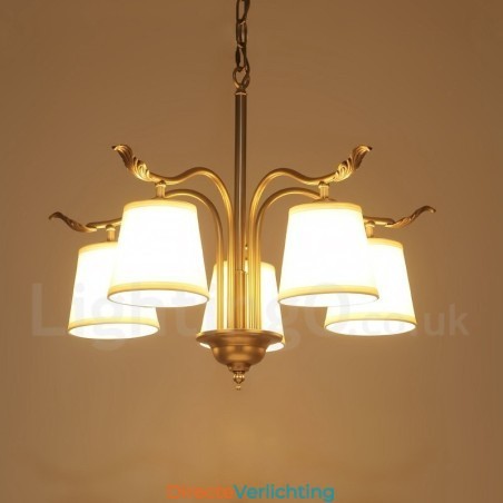 5-lichts retro rustieke luxe messing hanglamp kroonluchter met stoffen kap 5-lichts retro rustieke luxe messing hanglamp kroonluchter met stoffen kap
