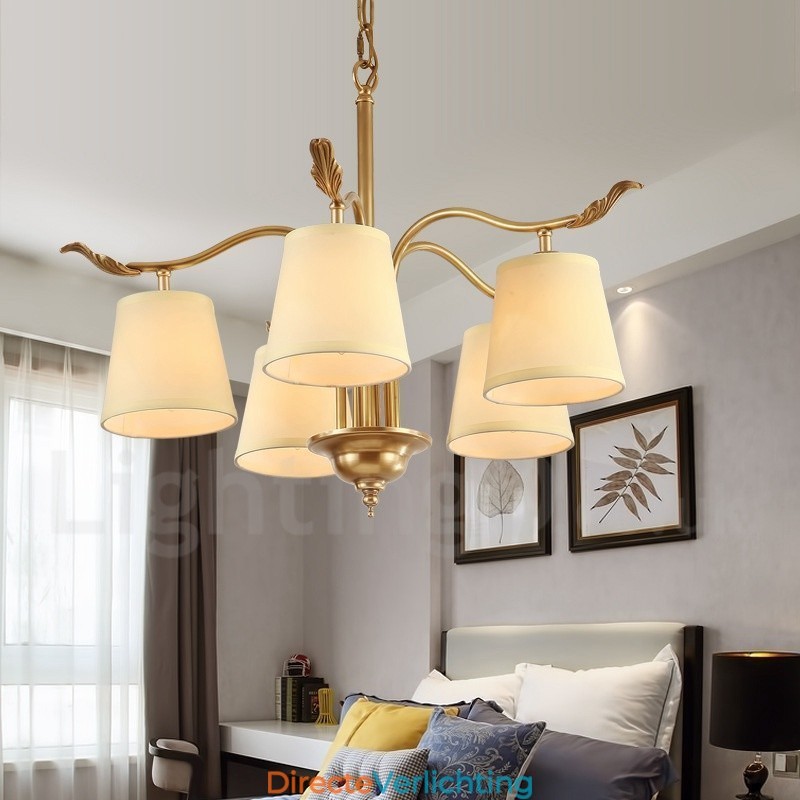 5-lichts retro rustieke luxe messing hanglamp kroonluchter met stoffen kap