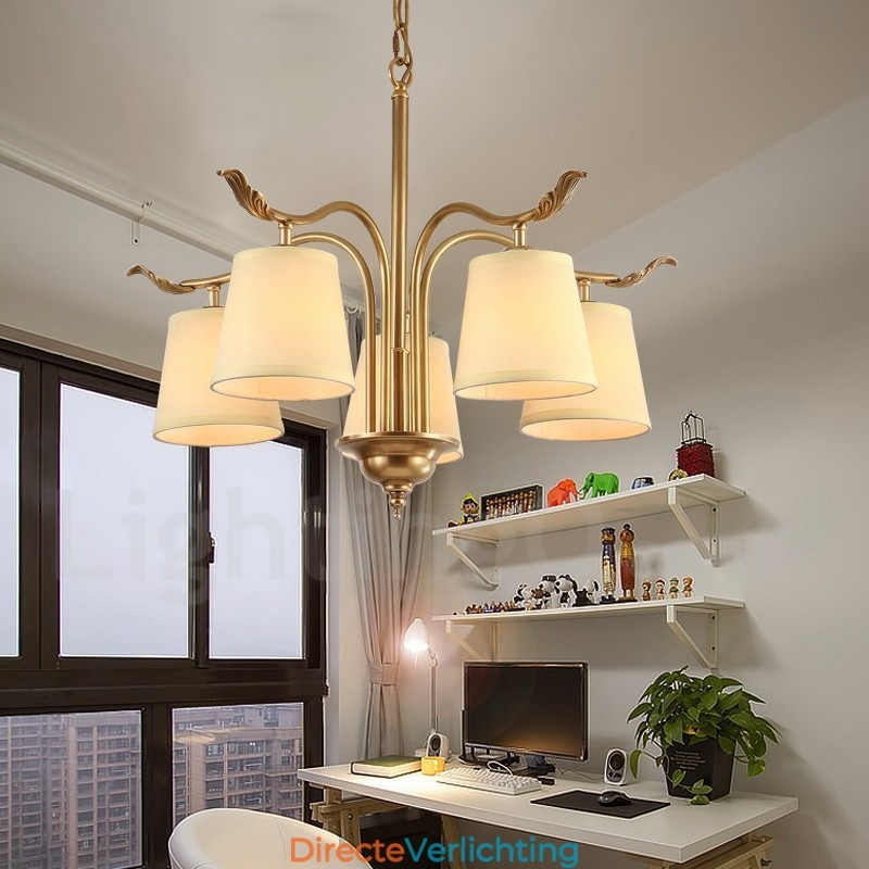5-lichts retro rustieke luxe messing hanglamp kroonluchter met stoffen kap