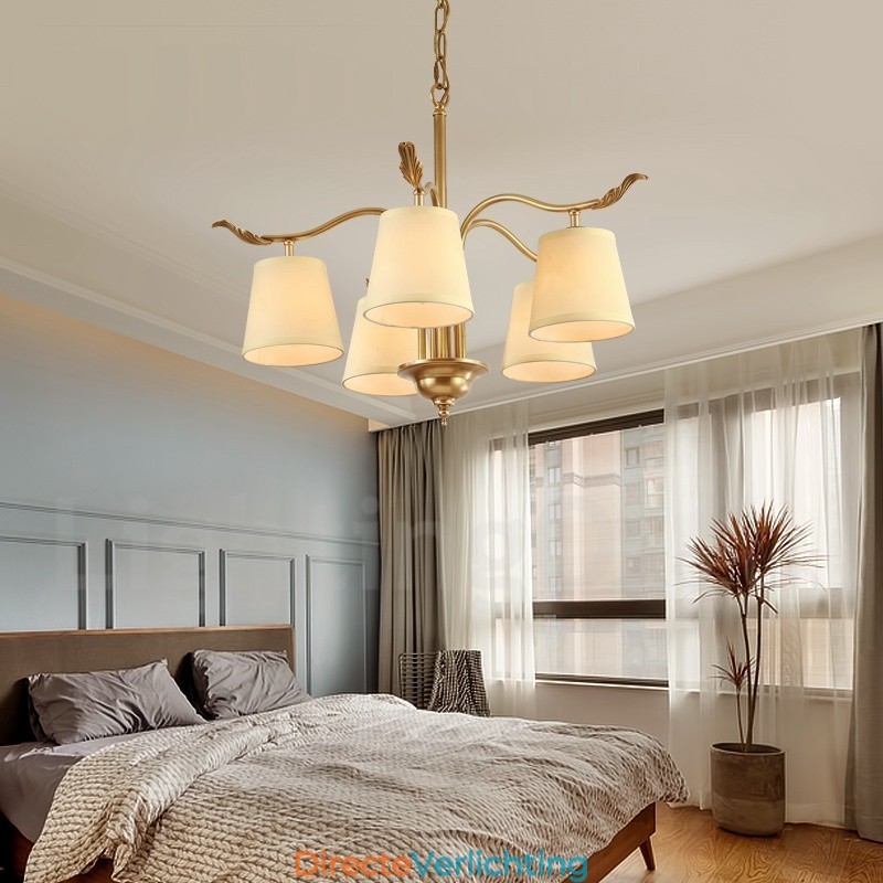 5-lichts retro rustieke luxe messing hanglamp kroonluchter met stoffen kap