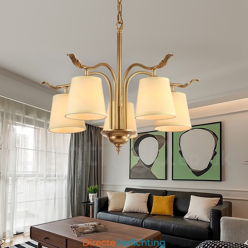 5-lichts retro rustieke luxe messing hanglamp kroonluchter met stoffen kap
