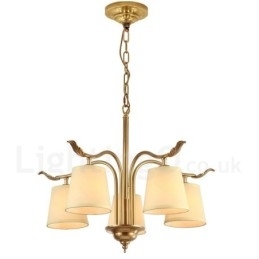 5-lichts retro rustieke luxe messing hanglamp kroonluchter met stoffen kap
