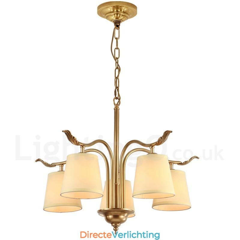 5-lichts retro rustieke luxe messing hanglamp kroonluchter met stoffen kap